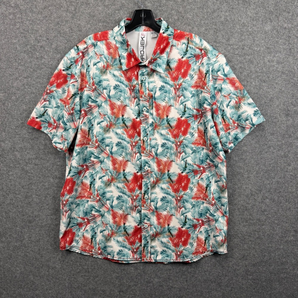 Projek Raw Mens XL Tropical Palm Parrot Print Short Sleeve Button Down Shirt Red